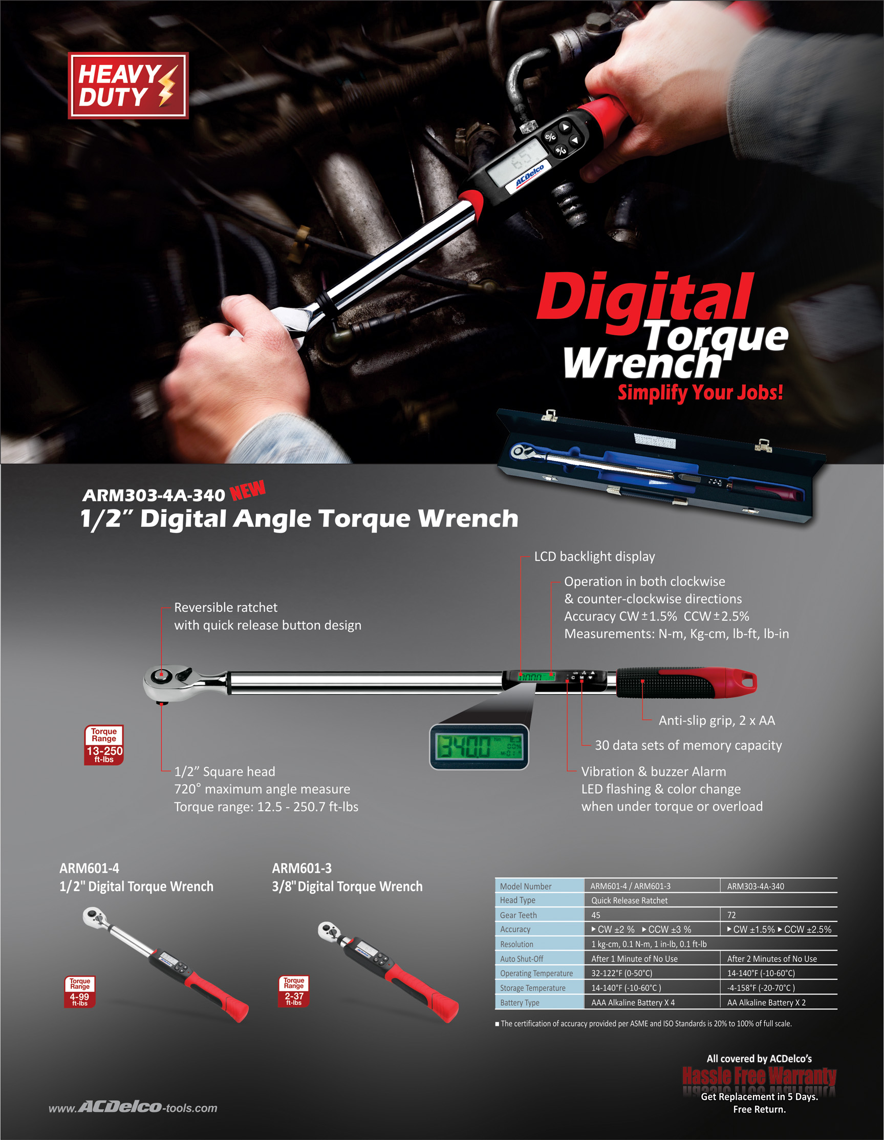 LCD Display 250.7 ft-lbs ACDelco Tools 1/2” Angle Digital Torque Wrench 26-1/4” Length Vibration & LED Light Flashing，ARM303-4A Measures 12.5 Range of Torque Audible Notification Buzzer Inch 